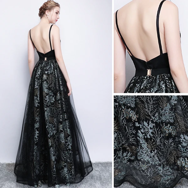 Chic / Beautiful Black Prom Dresses 2017 A-Line / Princess Metal Sash Embroidered V-Neck Backless Sleeveless Floor-Length / Long Formal Dresses
