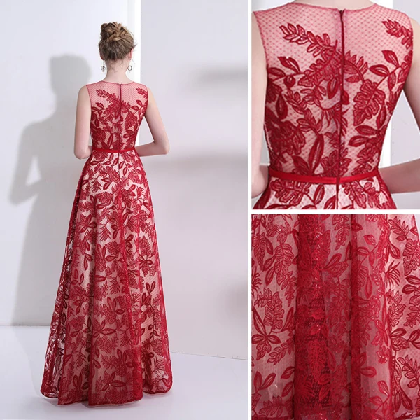 Chic / Belle Rouge Robe De Bal 2017 Princesse En Dentelle Ceinture Paillettes Encolure Dégagée Sans Manches Longue Robe De Ceremonie