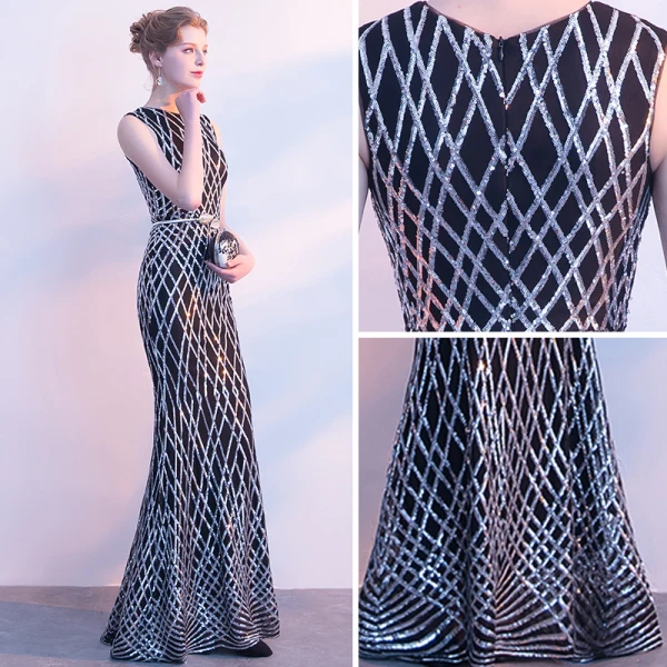 Scintillantes Robe De Ceremonie 2017 Trompette / Sirène Paillettes Métal Ceinture Encolure Dégagée Sans Manches Longue Robe De Soirée