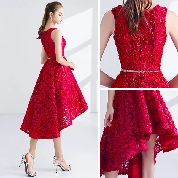 Chic / Belle Rouge Robe De Cocktail 2017 Princesse Métal Ceinture Brodé Encolure Dégagée Sans Manches Asymétrique Robe De Ceremonie