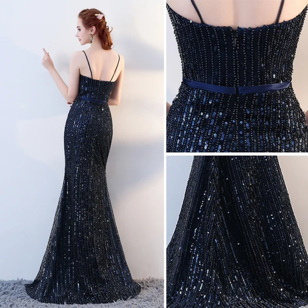 Luxe Bleu Marine Robe De Soirée 2017 Trompette / Sirène Paillettes Perlage Bretelles Spaghetti Dos Nu Sans Manches Longue Robe De Ceremonie