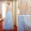 Chic / Beautiful Sky Blue Evening Dresses  2017 A-Line / Princess Lace Appliques Scoop Neck Sleeveless Floor-Length / Long Formal Dresses