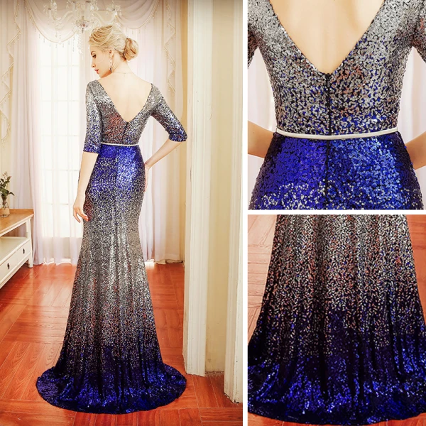 Scintillantes Robe De Soirée 2018 Trompette / Sirène Métal Ceinture Paillettes V-Cou Dos Nu 1/2 Manches Train De Balayage Robe De Ceremonie