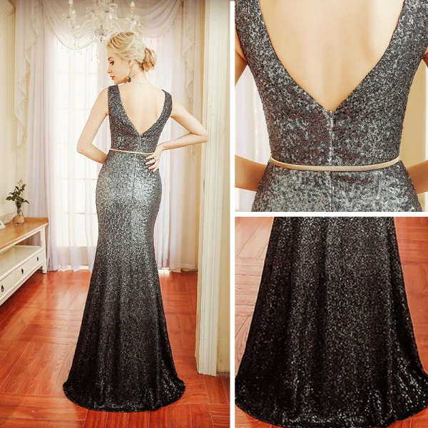 Sparkly Evening Dresses  2018 Trumpet / Mermaid Sleeveless Sequins Sash V-Neck Backless Floor-Length / Long Formal Dresses