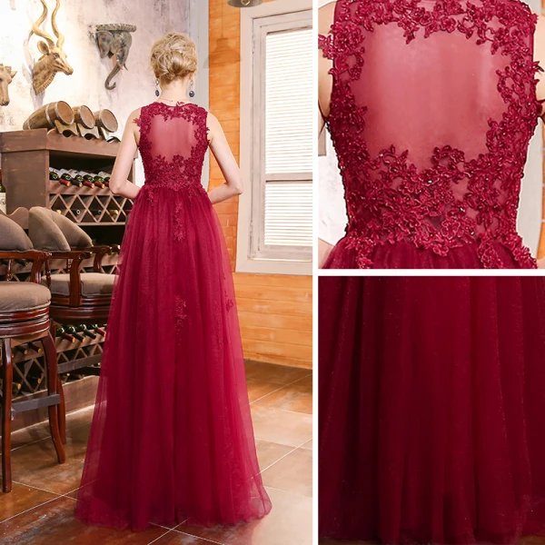 Chic / Beautiful Burgundy Evening Dresses 2018 A-Line / Princess Lace Beading Scoop Neck Sleeveless Floor-Length / Long Formal Dresses