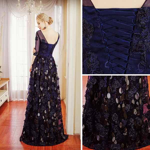 Chic / Beautiful Navy Blue Evening Dresses 2017 A-Line / Princess Beading Sequins V-Neck Backless 1/2 Sleeves Floor-Length / Long Formal Dresses