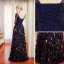 Chic / Beautiful Navy Blue Evening Dresses  2017 A-Line / Princess Beading Sequins V-Neck Backless 1/2 Sleeves Floor-Length / Long Formal Dresses