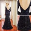 Chic / Belle Bleu Marine Robe De Soirée 2018 Trompette / Sirène Perlage Paillettes V-Cou Dos Nu Manches Longues Train De Balayage Robe De Ceremonie