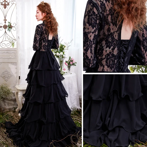 Chic / Belle Noir Robe De Soirée 2017 Princesse Dentelle Volants en Cascade Encolure Dégagée Manches Longues Train De Balayage Robe De Ceremonie