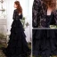 Chic / Belle Noir Robe De Soirée 2017 Princesse Dentelle Volants en Cascade Encolure Dégagée Manches Longues Train De Balayage Robe De Ceremonie