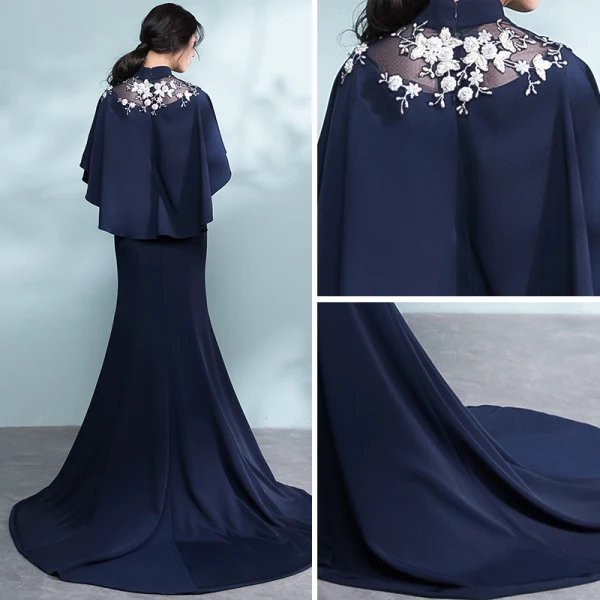 Elegant Navy Blue Evening Dresses 2018 Trumpet / Mermaid Lace Flower Pierced High Neck Short Sleeve Court Train Formal Dresses