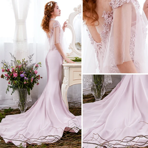 Élégant Rougissant Rose Robe De Soirée 2017 Trompette / Sirène En Dentelle Fleur Paillettes Encolure Dégagée Dos Nu 1/2 Manches Tribunal Train Robe De Ceremonie