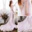 Élégant Rougissant Rose Robe De Soirée 2017 Trompette / Sirène En Dentelle Fleur Paillettes Encolure Dégagée Dos Nu 1/2 Manches Tribunal Train Robe De Ceremonie