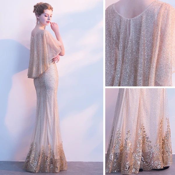 Sexy Gold Evening Dresses 2018 Trumpet / Mermaid Sequins Crystal Pierced Scoop Neck 1/2 Sleeves Floor-Length / Long Formal Dresses