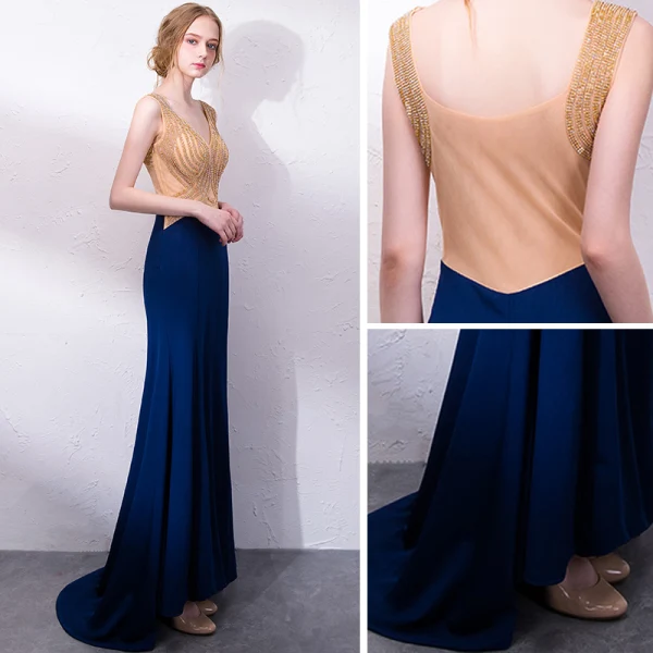 Sexy Marineblau Abendkleider 2018 Mermaid Strass V-Ausschnitt Rückenfreies Ärmellos Sweep / Pinsel Zug Festliche Kleider