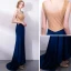 Sexy Marineblau Abendkleider 2018 Mermaid Strass V-Ausschnitt Rückenfreies Ärmellos Sweep / Pinsel Zug Festliche Kleider