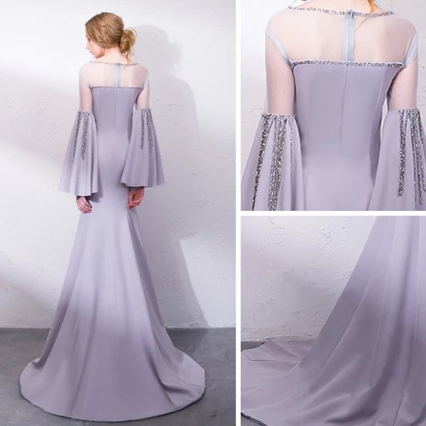 Amazing / Unique Grey Evening Dresses  2018 Trumpet / Mermaid Sequins Scoop Neck Long Sleeve Sweep Train Formal Dresses