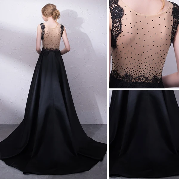 Elegant Black Evening Dresses  2018 A-Line / Princess Lace V-Neck Sleeveless Court Train Formal Dresses