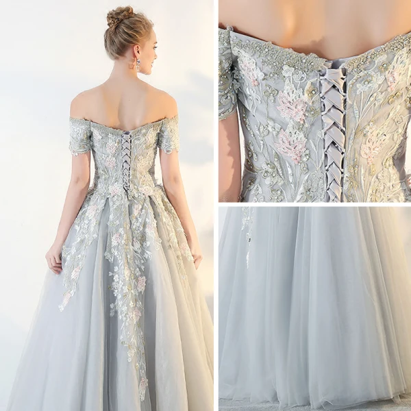 Chic / Beautiful Sage Green Prom Dresses 2018 A-Line / Princess Lace Flower Off-The-Shoulder Backless Short Sleeve Floor-Length / Long Formal Dresses