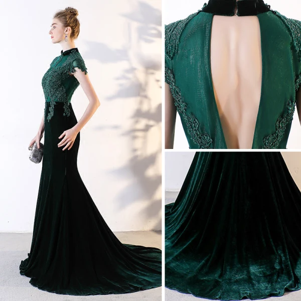 Chic / Beautiful Dark Green Evening Dresses 2018 Trumpet / Mermaid Lace Appliques Beading Crystal Scoop Neck Backless Short Sleeve Court Train Formal Dresses