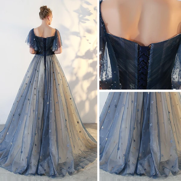 Elegant Prom Dresses 2018 A-Line / Princess Star Backless Square Neckline Short Sleeve Floor-Length / Long Formal Dresses