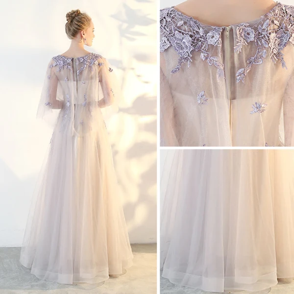 Chic / Beautiful Lavender Prom Dresses 2018 A-Line / Princess Lace Appliques V-Neck 1/2 Sleeves Floor-Length / Long Formal Dresses