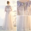 Chic / Beautiful Lavender Prom Dresses 2018 A-Line / Princess Lace Appliques V-Neck 1/2 Sleeves Floor-Length / Long Formal Dresses