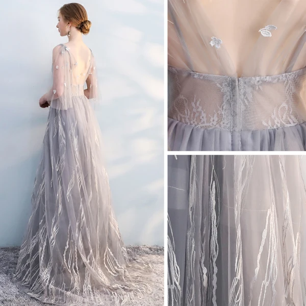 Chic / Beautiful Grey Evening Dresses  2017 A-Line / Princess Lace Appliques Bow V-Neck Backless Sleeveless Floor-Length / Long Formal Dresses