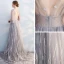 Chic / Beautiful Grey Evening Dresses  2017 A-Line / Princess Lace Appliques Bow V-Neck Backless Sleeveless Floor-Length / Long Formal Dresses
