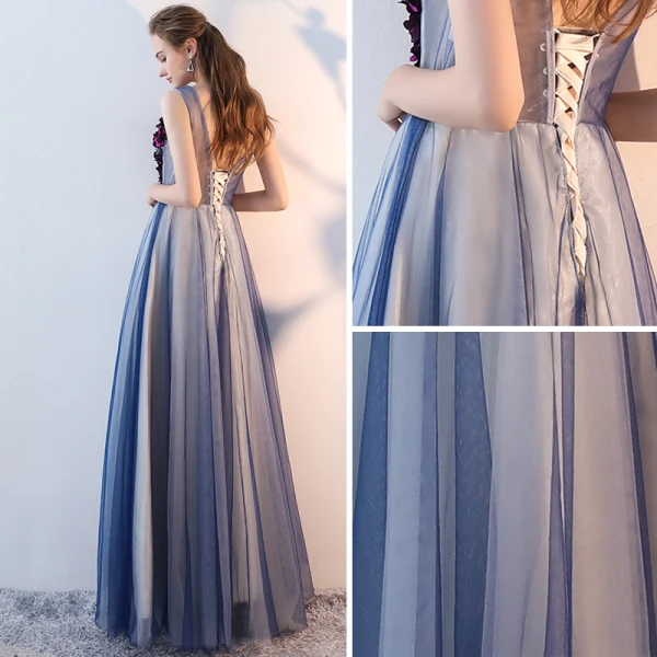 Chic / Beautiful Prom Dresses 2017 A-Line / Princess Appliques Crystal V-Neck Backless Sleeveless Floor-Length / Long Formal Dresses