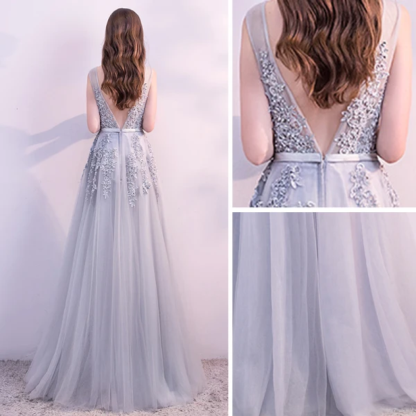 Chic / Belle Gris Robe De Soirée 2018 Princesse Dentelle Fleur Perle Paillettes Ceinture U-Cou Sans Manches Dos Nu Longue Robe De Ceremonie