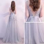 Chic / Belle Gris Robe De Soirée 2018 Princesse Dentelle Fleur Perle Paillettes Ceinture U-Cou Sans Manches Dos Nu Longue Robe De Ceremonie