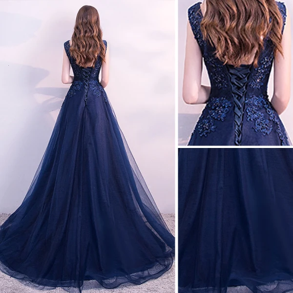 Chic / Belle Bleu Marine Robe De Soirée 2018 Princesse En Dentelle Fleur Perlage Cristal Paillettes Encolure Dégagée Dos Nu Sans Manches Train De Balayage Robe De Ceremonie