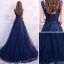 Chic / Belle Bleu Marine Robe De Soirée 2018 Princesse En Dentelle Fleur Perlage Cristal Paillettes Encolure Dégagée Dos Nu Sans Manches Train De Balayage Robe De Ceremonie