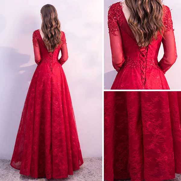 Chic / Belle Rouge Robe De Bal 2018 Princesse En Dentelle Fleur Perlage Cristal Paillettes Encolure Dégagée Dos Nu Manches Longues Longueur Cheville Robe De Ceremonie