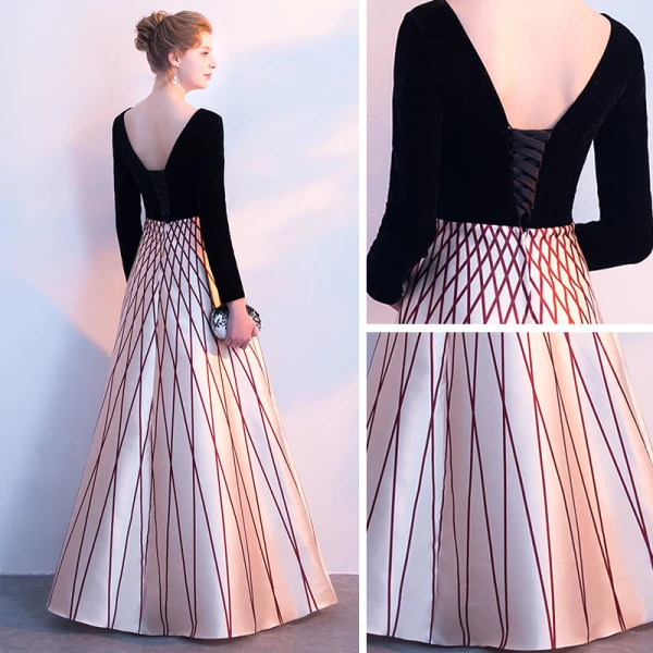 Elegant Black Evening Dresses  2018 A-Line / Princess Striped Pierced Scoop Neck Backless Ankle Length Long Sleeve Formal Dresses