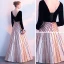 Elegant Black Evening Dresses  2018 A-Line / Princess Striped Pierced Scoop Neck Backless Ankle Length Long Sleeve Formal Dresses