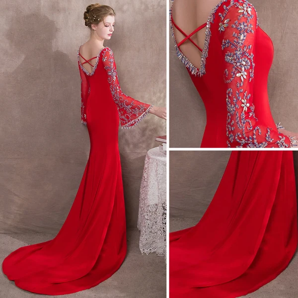 Luxury / Gorgeous Red Evening Dresses 2018 Trumpet / Mermaid Beading V-Neck Backless Long Sleeve Court Train Formal Dresses