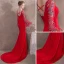 Luxury / Gorgeous Red Evening Dresses  2018 Trumpet / Mermaid Beading V-Neck Backless Long Sleeve Court Train Formal Dresses