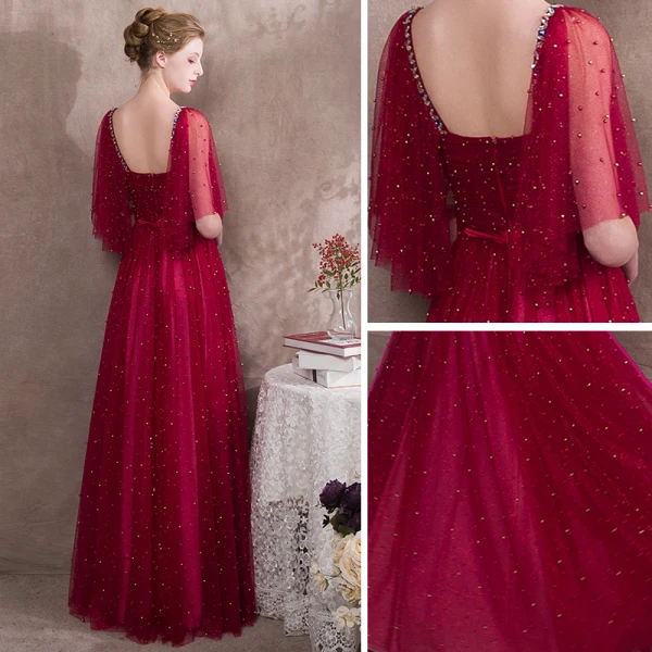 Luxury / Gorgeous Burgundy Prom Dresses 2018 A-Line / Princess Glitter Beading Crystal Sash Square Neckline Backless 1/2 Sleeves Floor-Length / Long Formal Dresses