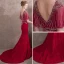 Lyx Burgundy Aftonklänningar 2018 Trumpet / Sjöjungfru Beading Kristall Rhinestone V-Hals Halterneck Korta ärm Domstol Tåg Formella Klänningar