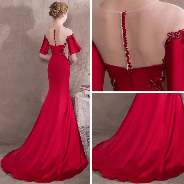Elegant Red Evening Dresses  2018 Trumpet / Mermaid Beading Scoop Neck 1/2 Sleeves Sweep Train Formal Dresses