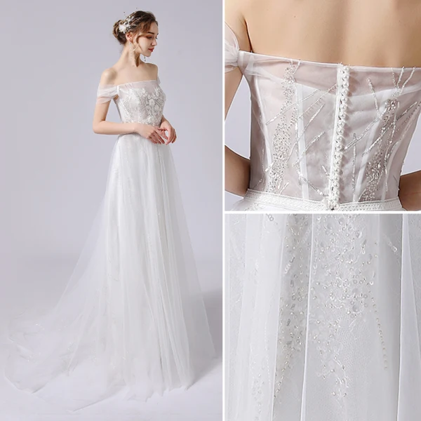 Charmant Ivoire Robe De Mariée 2021 Princesse De l'épaule Paillettes En Dentelle Fleur Sans Manches Dos Nu Train De Balayage Mariage