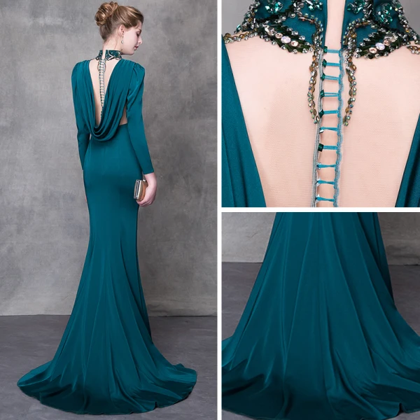 Luxe Bleu D'encre Robe De Soirée 2018 Trompette / Sirène Cristal Faux Diamant Ceinture Col Haut Dos Nu Manches Longues Train De Balayage Robe De Ceremonie