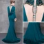 Luxe Bleu D'encre Robe De Soirée 2018 Trompette / Sirène Cristal Faux Diamant Ceinture Col Haut Dos Nu Manches Longues Train De Balayage Robe De Ceremonie