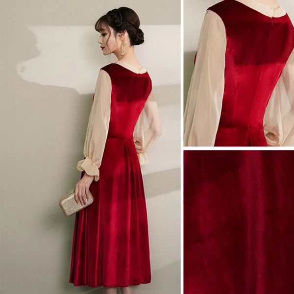 Vintage / Retro Burgundy Homecoming Graduation Dresses 2019 A-Line / Princess V-Neck Bow Suede Long Sleeve Tea-length Prom Dresses