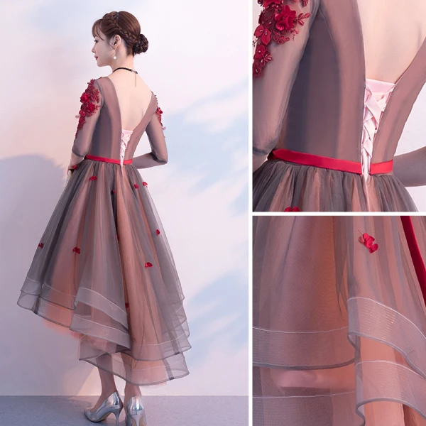 Modern / Fashion Burgundy Cocktail Dresses 2019 A-Line / Princess V-Neck Appliques Bow 1/2 Sleeves Backless Asymmetrical Formal Dresses