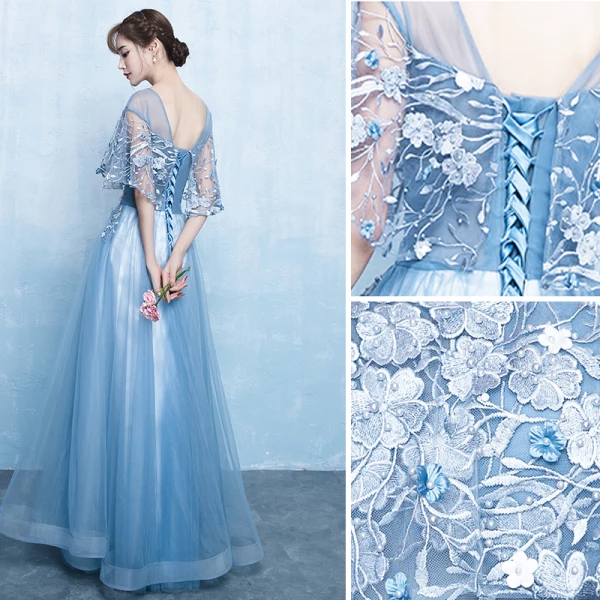 Elegant Pool Blue Prom Dresses 2019 A-Line / Princess Scoop Neck Appliques Lace Flower Pearl 1/2 Sleeves Backless Floor-Length / Long Formal Dresses