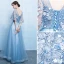 Elegant Pool Blue Prom Dresses 2019 A-Line / Princess Scoop Neck Appliques Lace Flower Pearl 1/2 Sleeves Backless Floor-Length / Long Formal Dresses