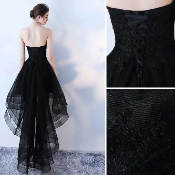 Charmant Schwarz Cocktailkleider 2019 A Linie Bandeau Spitze Blumen Ärmellos Rückenfreies Asymmetrisch Festliche Kleider